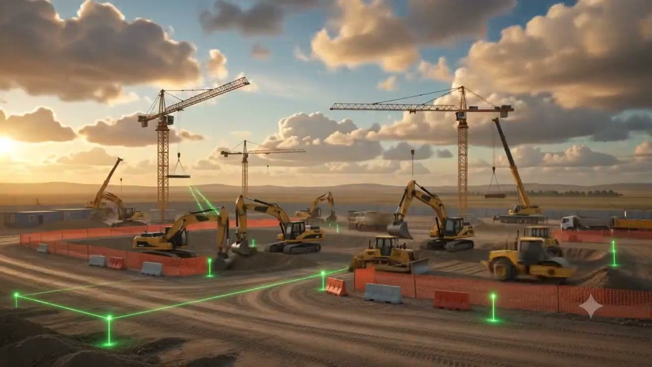 Aerial view of a construction site at sunset with cranes and excavators
